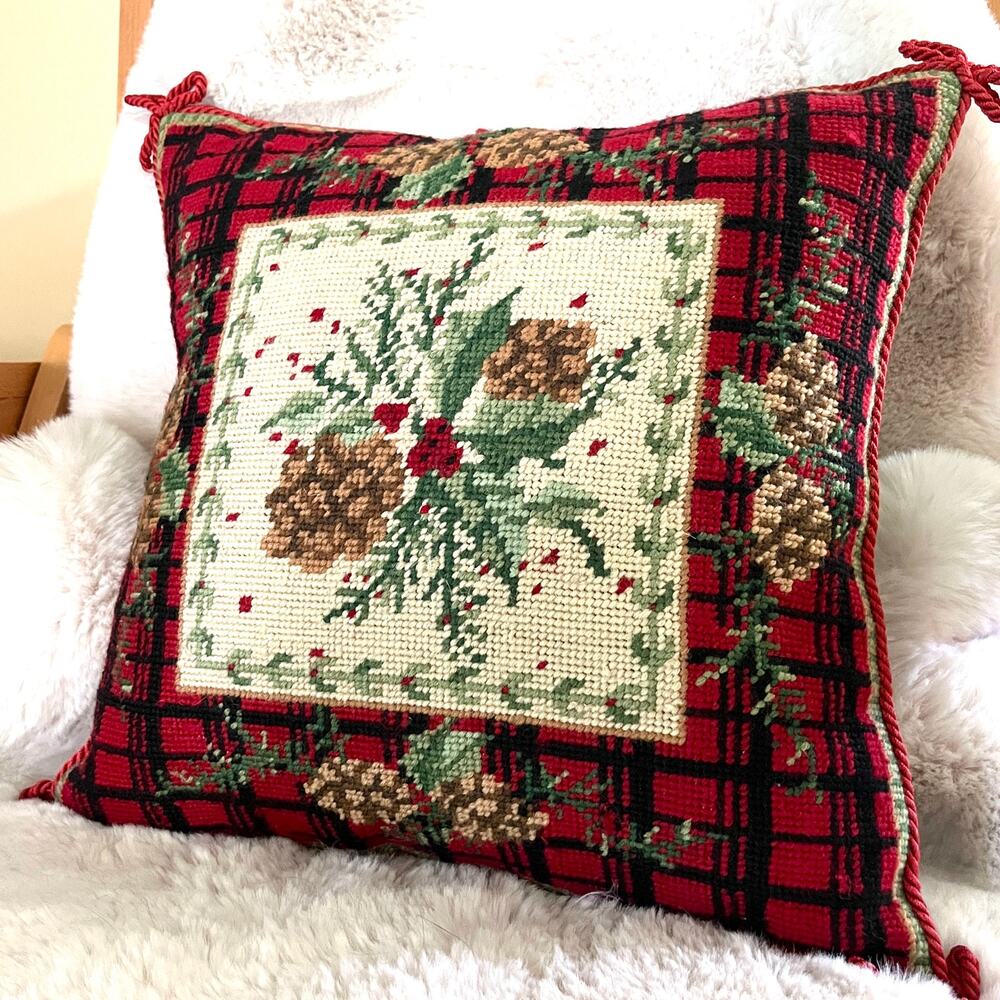 Rustic Pine and Plaid Needlepoint Pillow Braided Trim with Bows Velvety Back